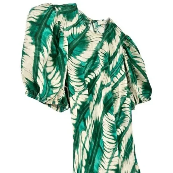 Ulla Johnson Ines Acacia Green Puff Sleeve Printed Silk Midi Dress Size 0 - Picture 5 of 12